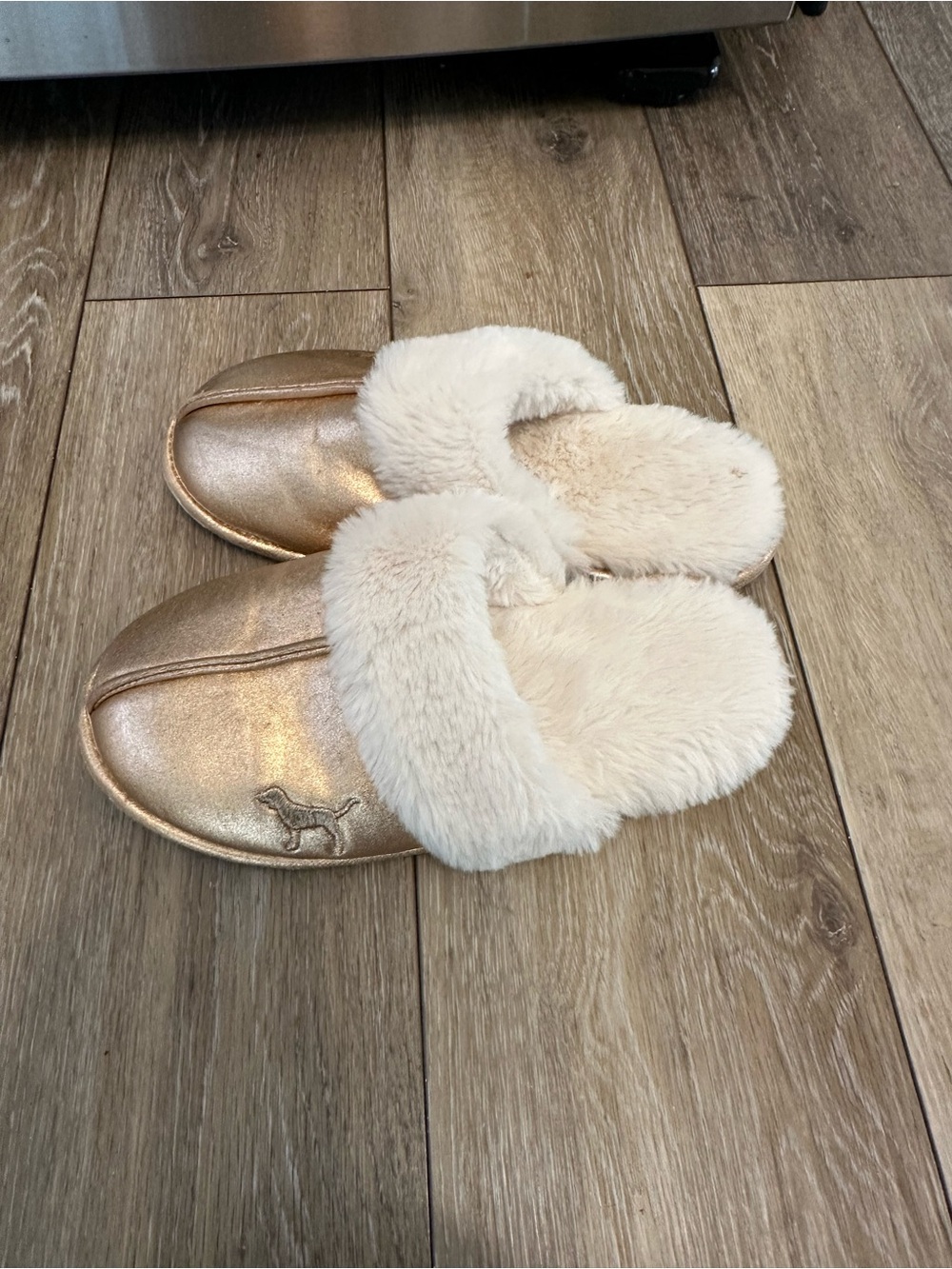 PINK by Victoria’s Secret Metallic Gold Faux-Fur Slide Slippers